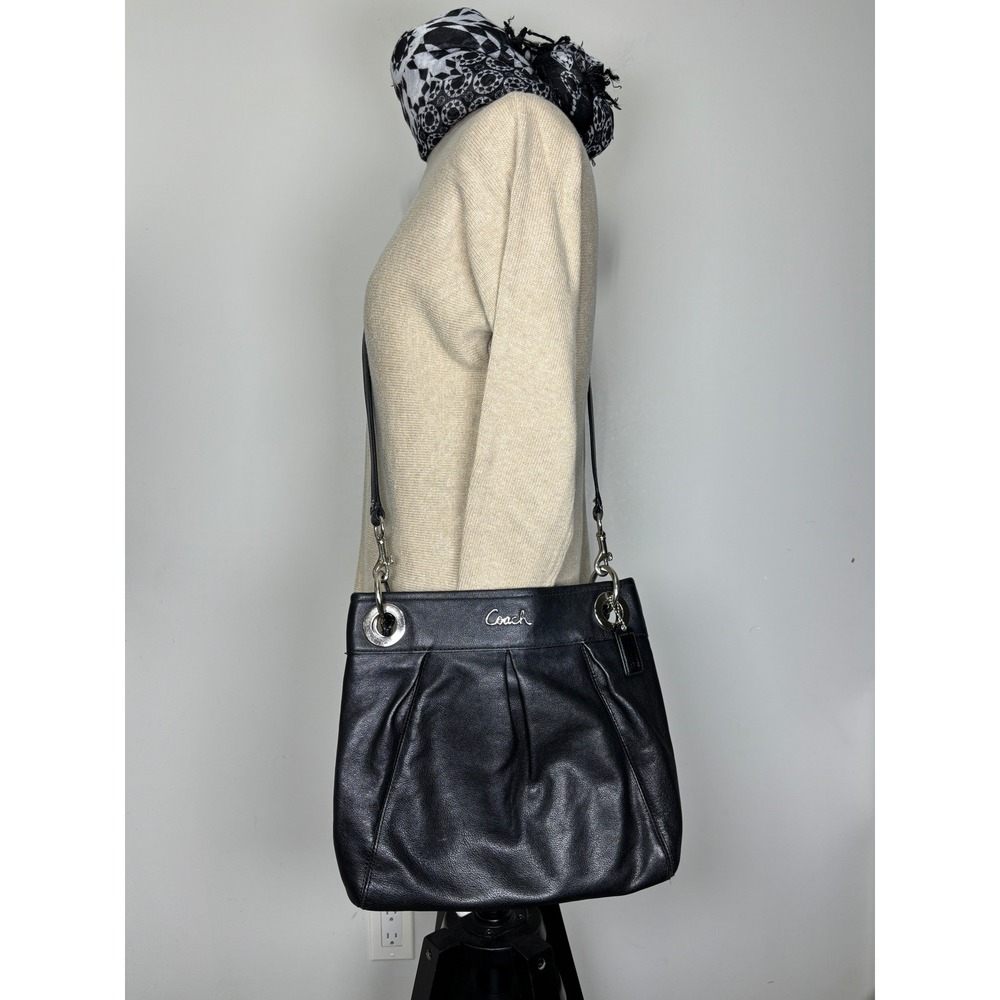 Coach Black Leather Pleated Hobo Shoulder Bag Silver Hardware